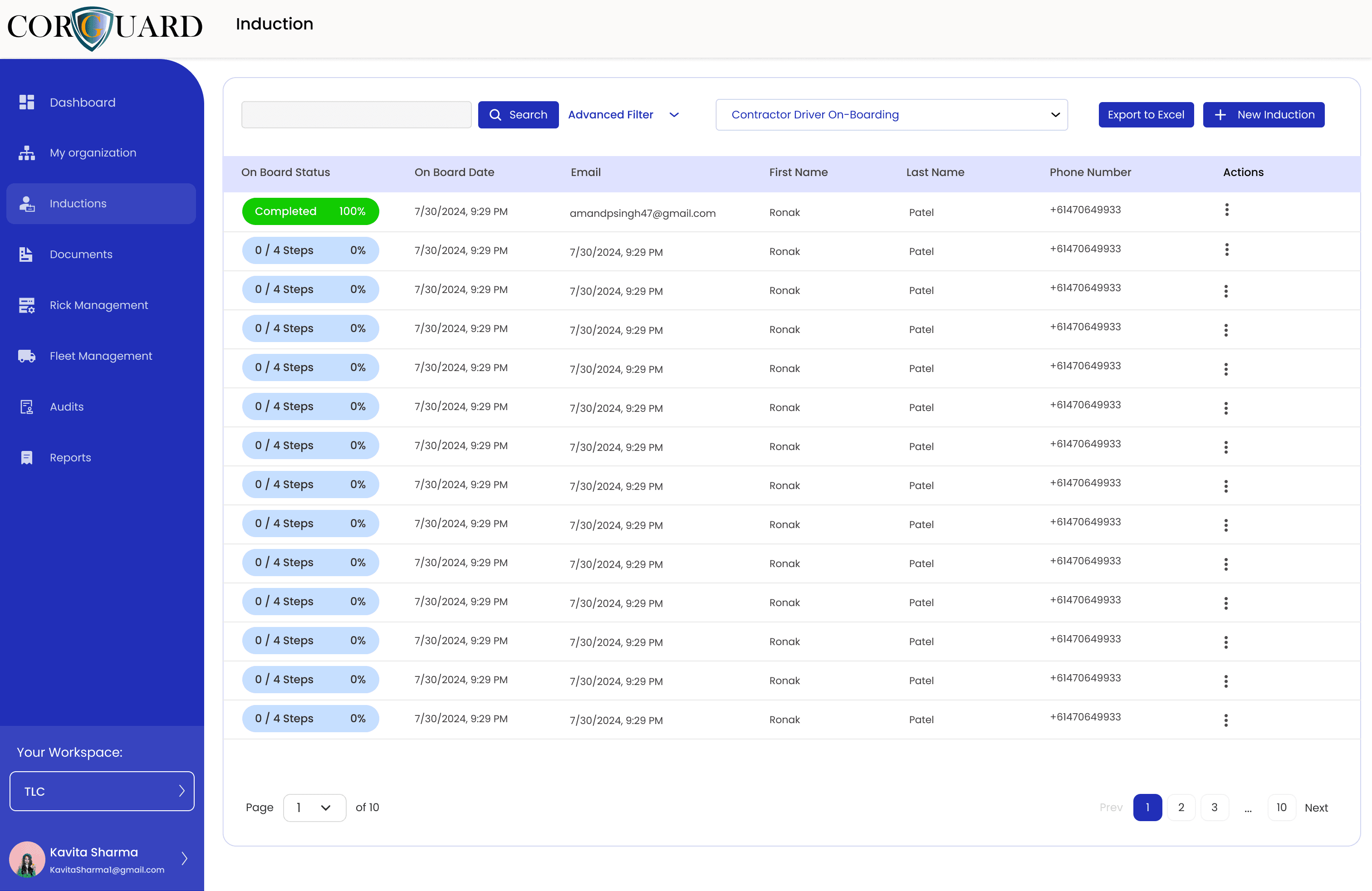 CoRGuard induction completion records for Safety Management System evidence