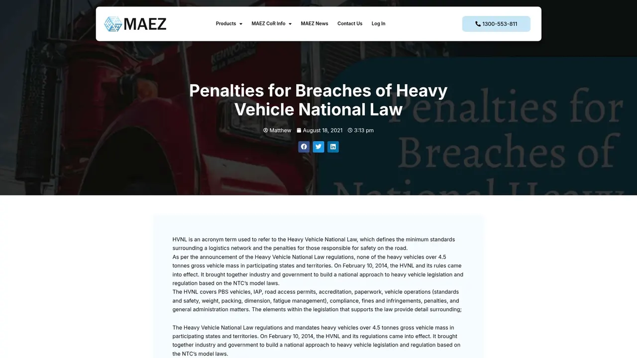 MAEZ graphic: screenshot gen 965 maez.com .au penalties for breaches of heavy vehicl 1764291112188