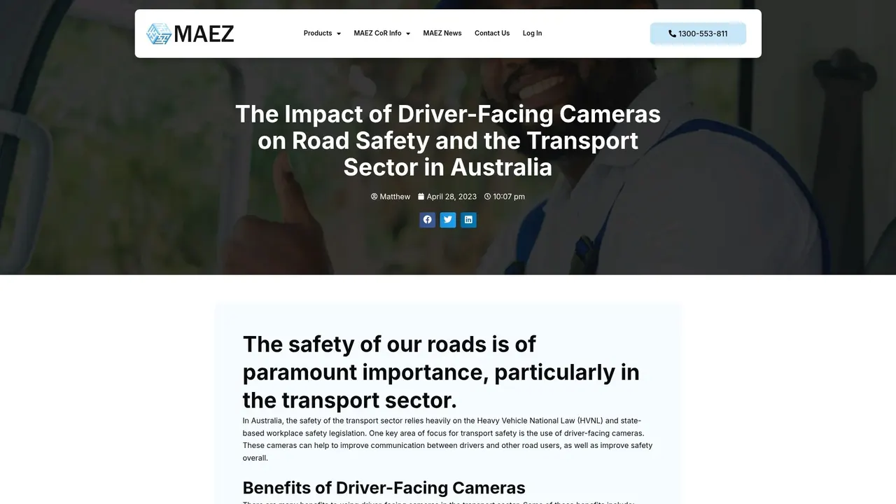 MAEZ graphic: screenshot gen 1021 maez.com .au driver facing cameras on road safety t 1764768252384