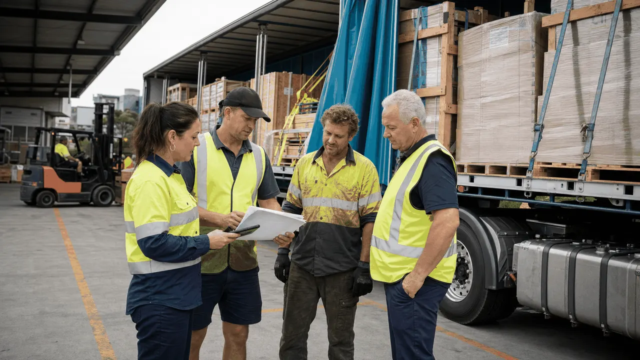 Australian consignee receiving heavy vehicle freight at an industrial site