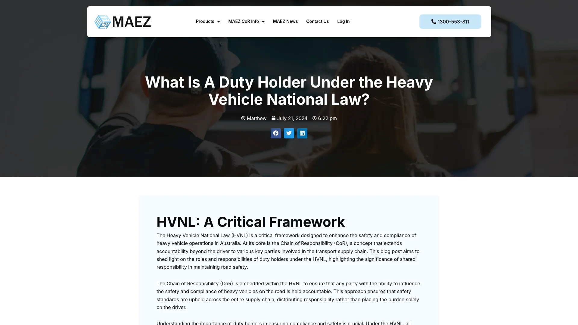 Screenshot of https://maez.com.au/what-is-a-hvnl-duty-holder/