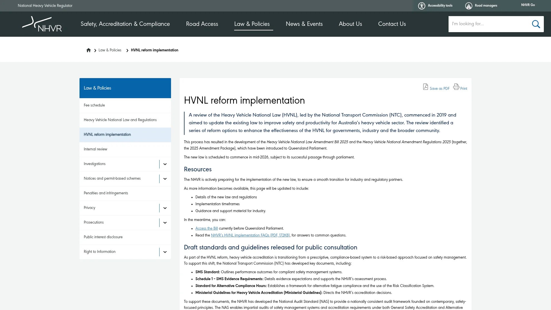 Screenshot of https://www.nhvr.gov.au/law-policies/hvnl-reform-implementation