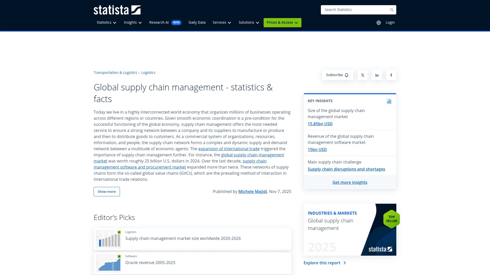 Screenshot of https://www.statista.com/topics/7150/global-supply-chain-management/
