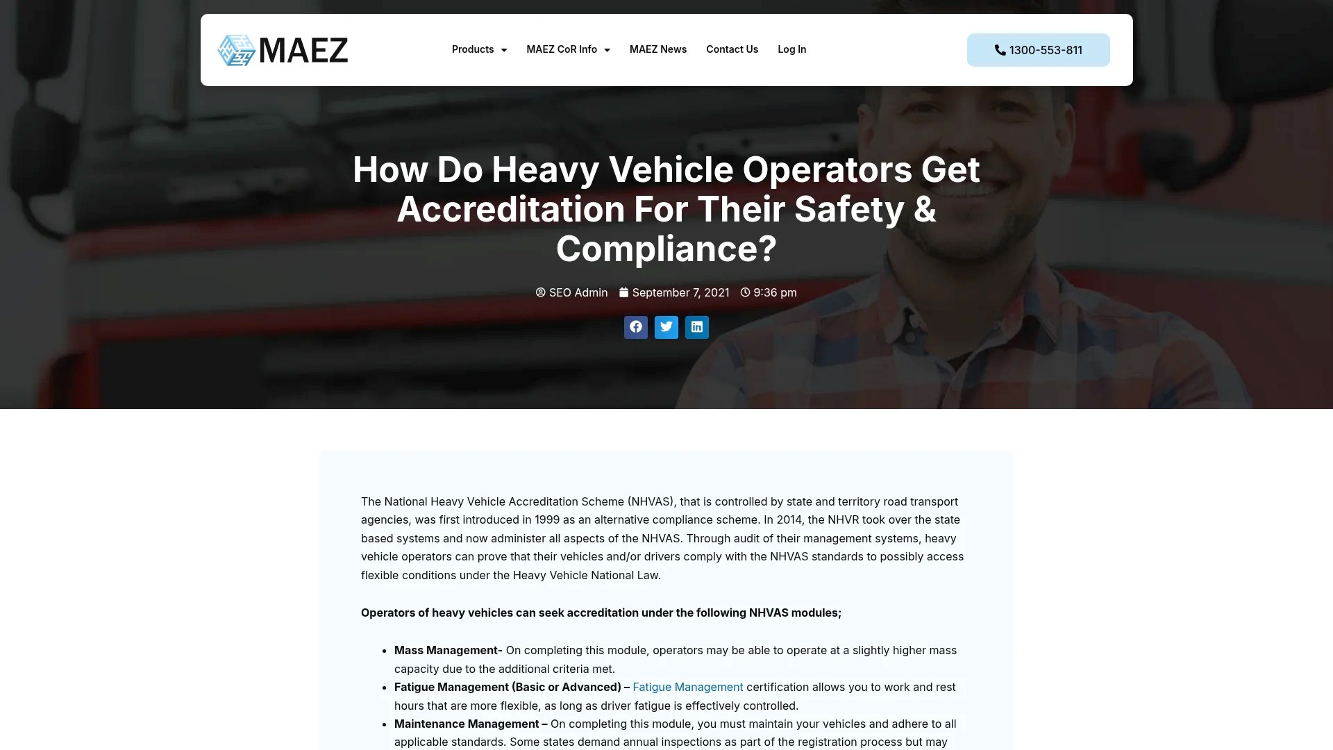 Screenshot of https://maez.com.au/heavy-vehicle-operators-and-accreditation-for-safety-compliance/
