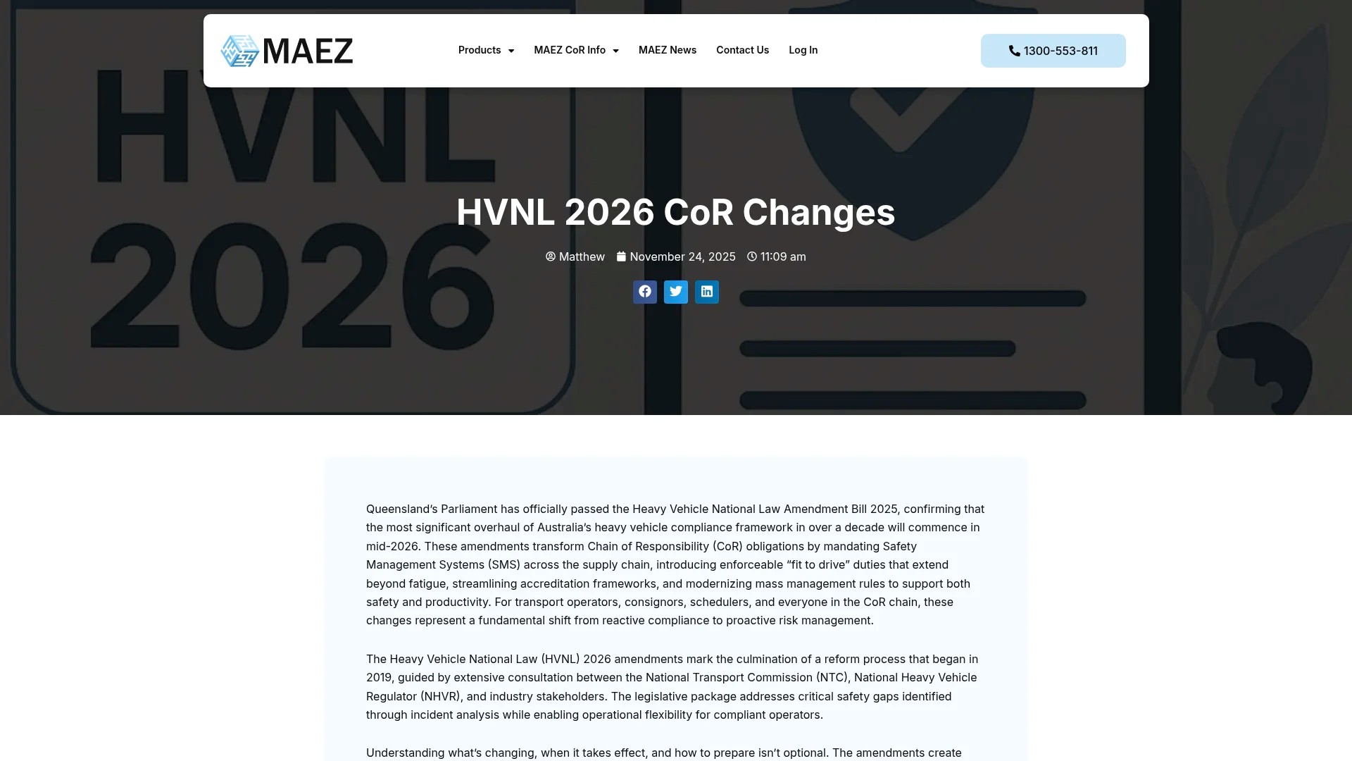Screenshot of https://maez.com.au/hvnl-2026-cor-changes/