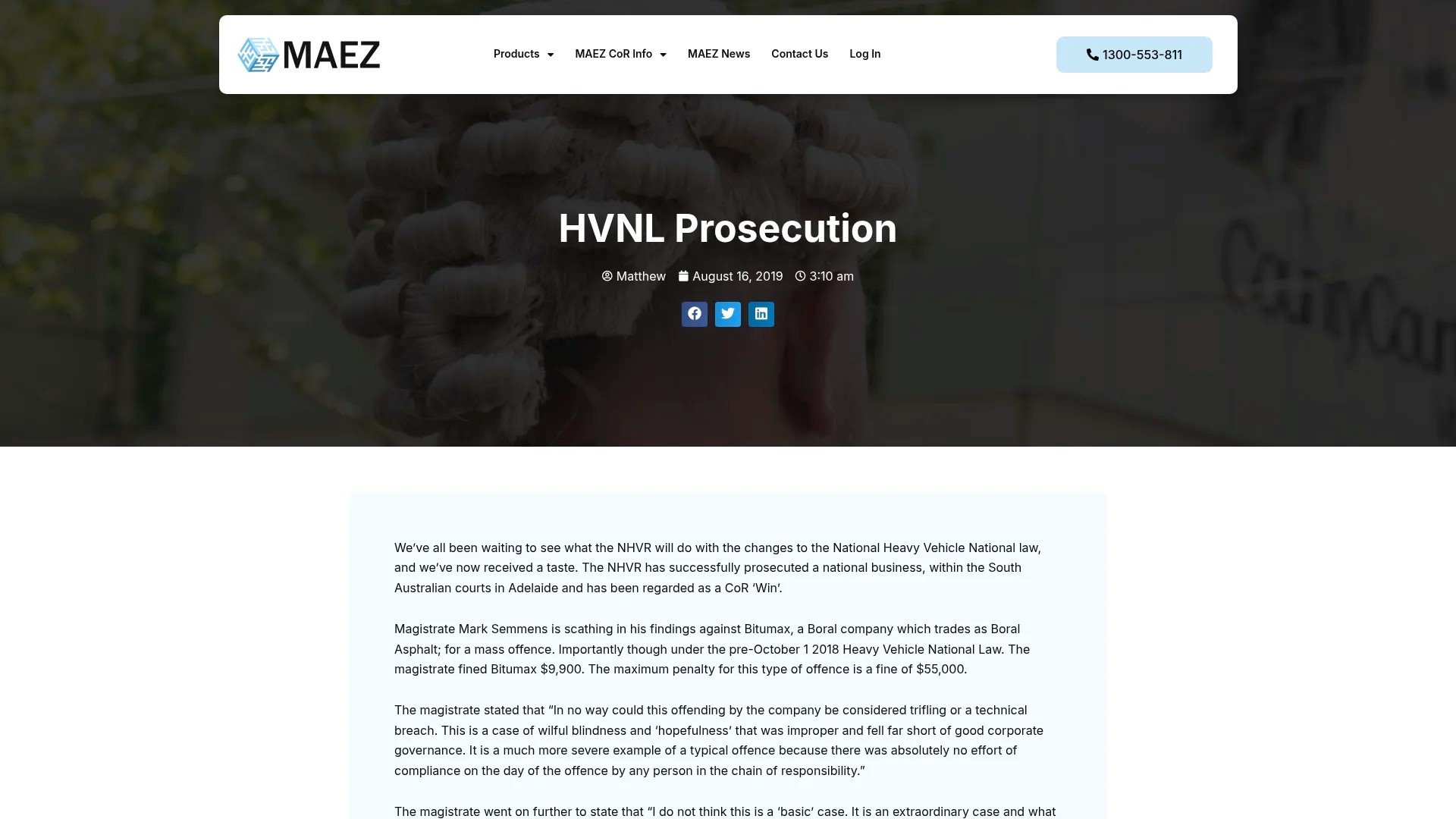 Screenshot of https://maez.com.au/hvnl-prosecution/