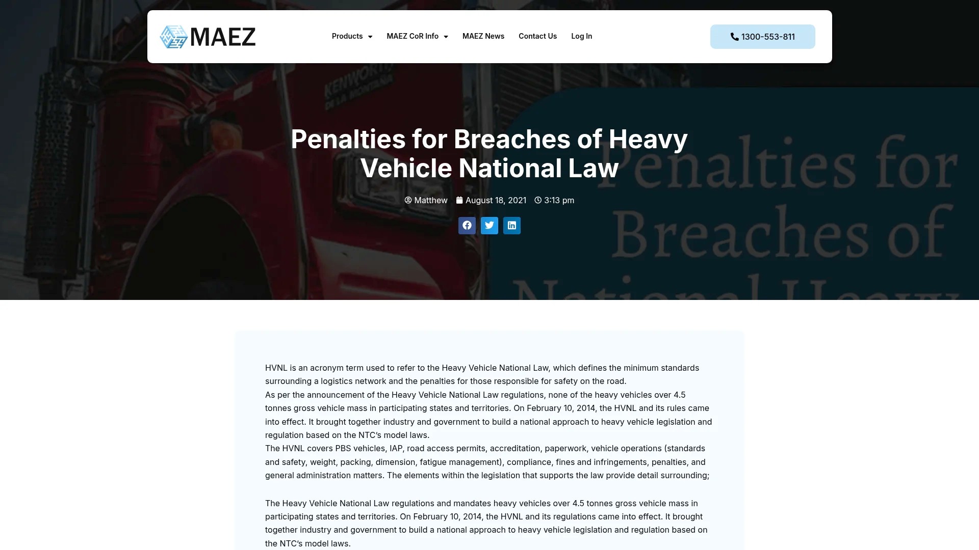 Screenshot of https://maez.com.au/penalties-for-breaches-of-heavy-vehicle-national-law/