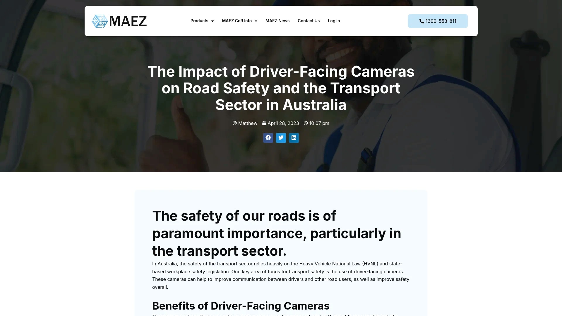Screenshot of https://maez.com.au/driver-facing-cameras-on-road-safety-transport-sector-au/