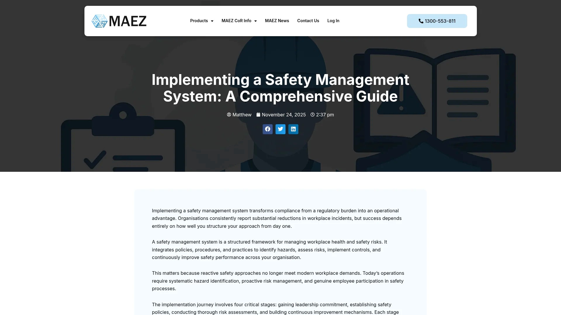 Screenshot of https://maez.com.au/implementing-a-safety-management-system-a-comprehensive-guide/