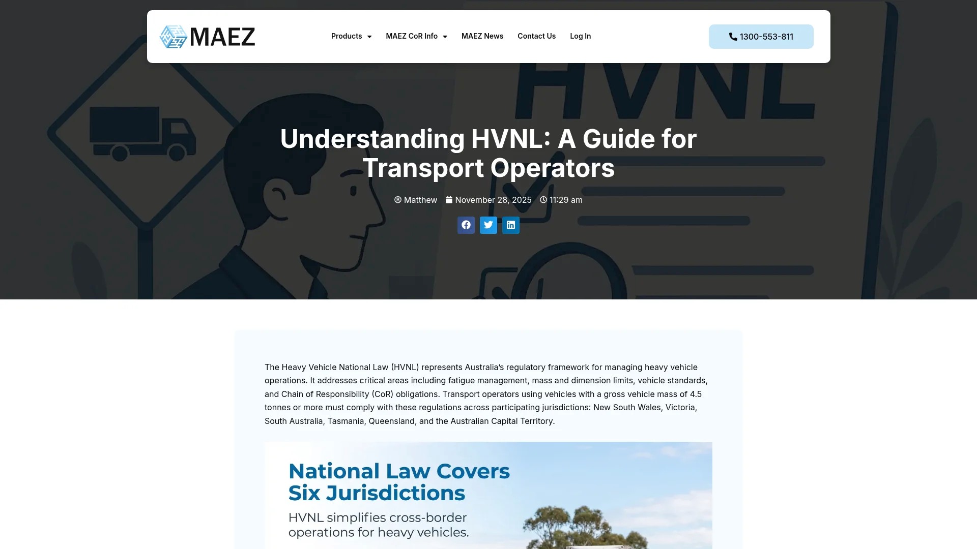 Screenshot of https://maez.com.au/understanding-hvnl-a-guide-for-transport-operators/
