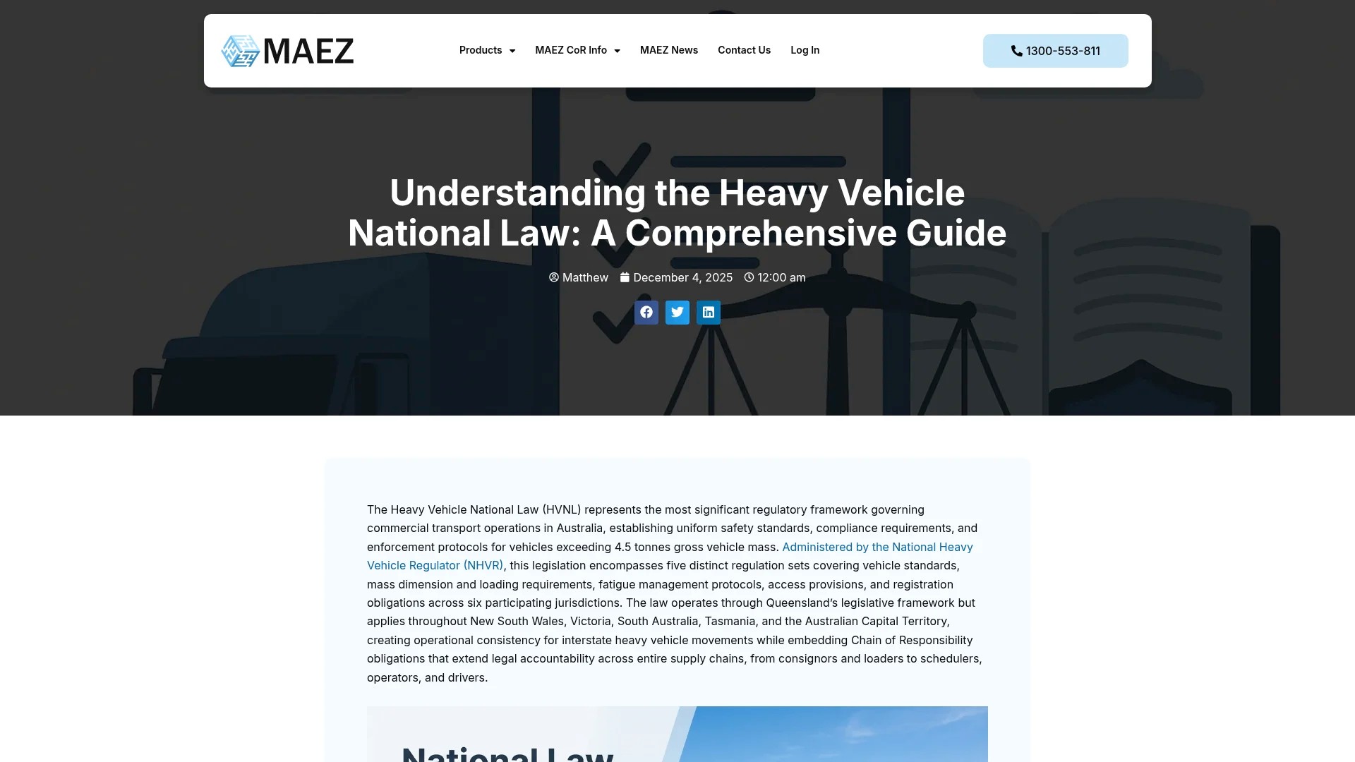 Screenshot of https://maez.com.au/understanding-the-heavy-vehicle-national-law-a-comprehensive-guide/